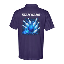 Load image into Gallery viewer, Blue Lightning Thunder Bowling ball and pins custom Team Bowling Performance Polo Shirts D02 NQS9918