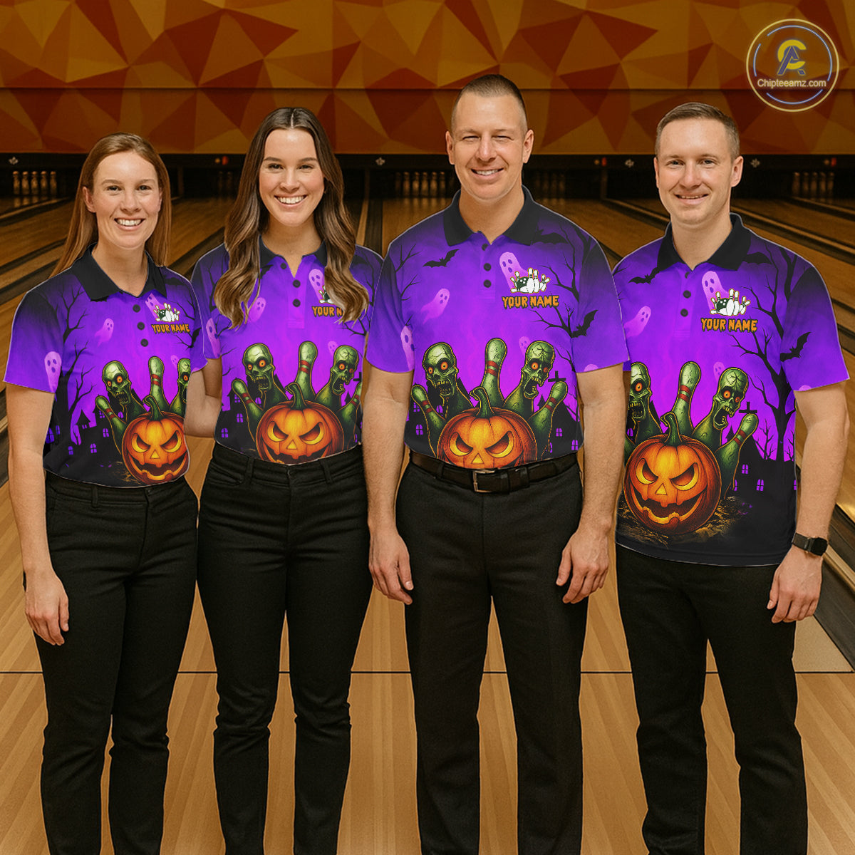 Four men wearing matching purple Halloween-themed bowling shirts with a zombie and jack-o'-lantern graphic, standing in a bowling alley.