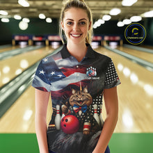 Load image into Gallery viewer, American Flag Funny Cat Bowling Shirt for Women Custom Bowling League Jersey Polo &amp; 1/4 Zip Shirt QZT807