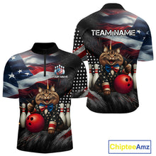 Load image into Gallery viewer, American Flag Funny Cat Bowling Shirt for Men Custom Bowling League Jersey Polo &amp; 1/4 Zip Shirt QZT807