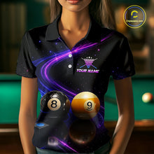 Load image into Gallery viewer, A woman wearing a black short-sleeve polo shirt with a purple and blue galaxy print, featuring a custom crown logo and the text 'YOUR NAME' on the chest, with 8-ball and 9-ball graphics at the bottom. A circular 'Chipteeamz' watermark is visible in the top right corner.