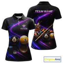 Load image into Gallery viewer, A black short-sleeve polo shirt shown from the front and back, featuring a cosmic space print with purple neon streaks, billiard balls, a pool rack, and customizable text reading 'TEAM NAME' and 'YOUR NAME'.