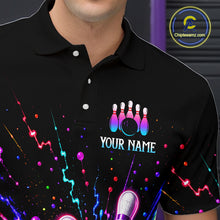 Load image into Gallery viewer, Black polo shirt with colorful design and 'Your Name' text, brand logo visible.