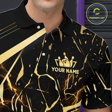 Load image into Gallery viewer, Close-up front view of a custom black gold bowling polo shirt showing the personalized player name, glowing bowling ball graphic and black gold marble crack design
