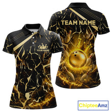 Load image into Gallery viewer, Front and back view custom black gold bowling polo shirt featuring a glowing bowling ball, lightning energy effect and black gold marble crack pattern, personalized with team name and player name