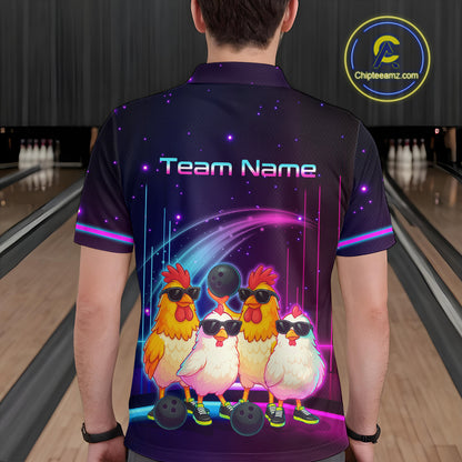Neon Funny Family of Four Chicken Bowling Team Shirt for Men Bowling League Jersey QZT787