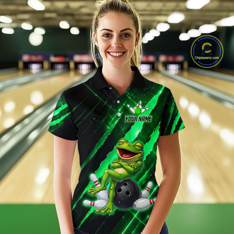 Custom Green Funny Frog Bowling Shirt for Women Bowling Jersey Polo & 1/4 Zip Bowling Outfit QZT1026
