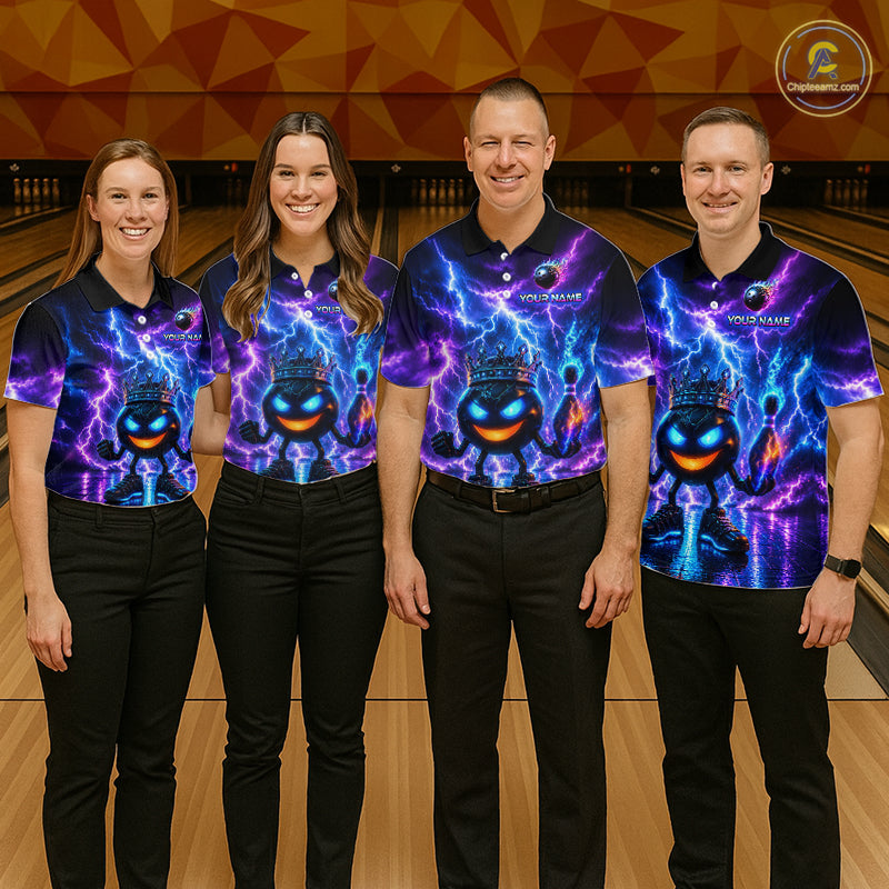 Four people wearing colorful bowling shirts with a bowling alley in the background
