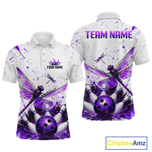 Custom Purple and White Dragonfly Bowling Shirt for Men Bowling Team Jersey Bowling Outfit QZT1209