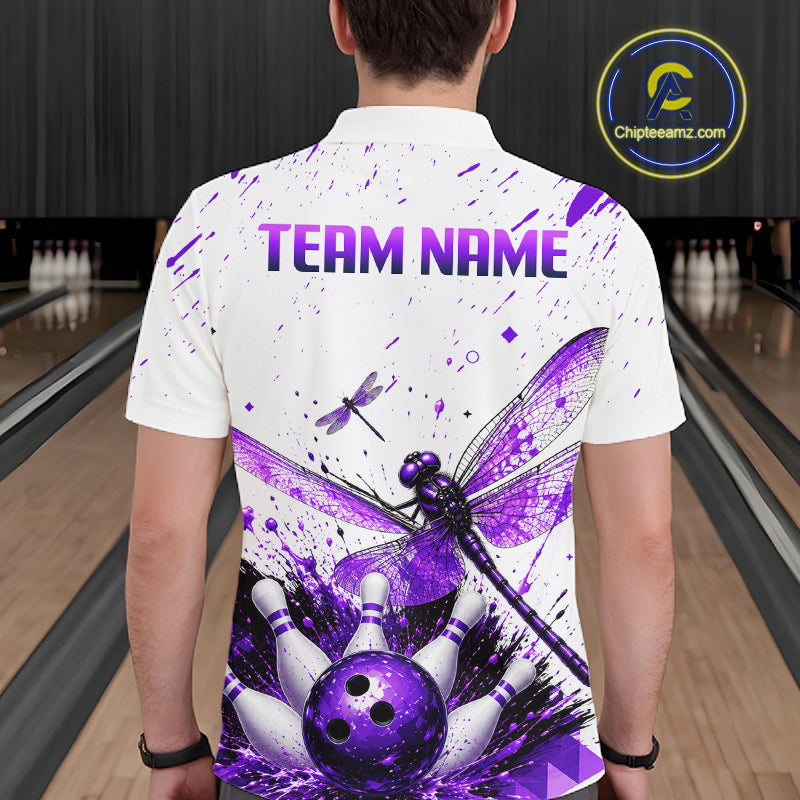 Custom Purple and White Dragonfly Bowling Shirt for Men Bowling Team Jersey Bowling Outfit QZT1209