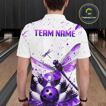 Custom Purple and White Dragonfly Bowling Shirt for Men Bowling Team Jersey Bowling Outfit QZT1209