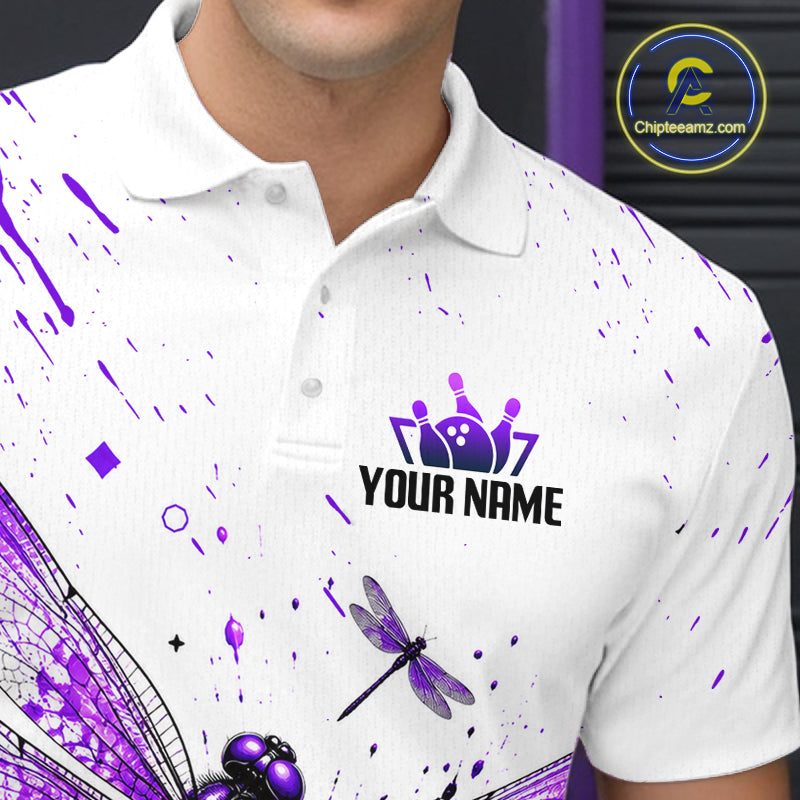 Custom Purple and White Dragonfly Bowling Shirt for Men Bowling Team Jersey Bowling Outfit QZT1209