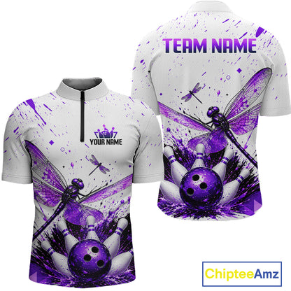 Custom Purple and White Dragonfly Bowling Shirt for Men Bowling Team Jersey Bowling Outfit QZT1209