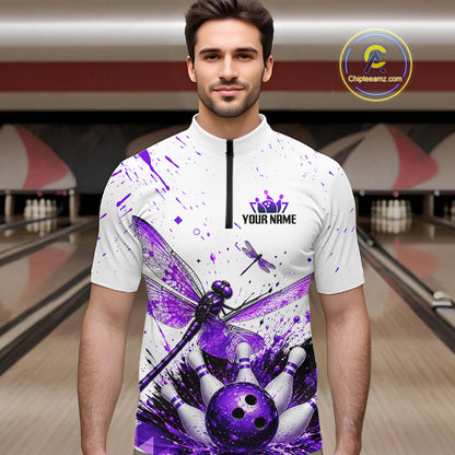 Custom Purple and White Dragonfly Bowling Shirt for Men Bowling Team Jersey Bowling Outfit QZT1209