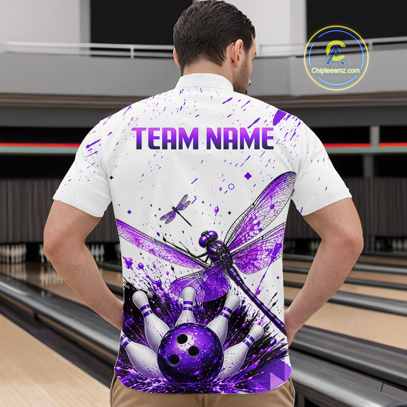 Custom Purple and White Dragonfly Bowling Shirt for Men Bowling Team Jersey Bowling Outfit QZT1209