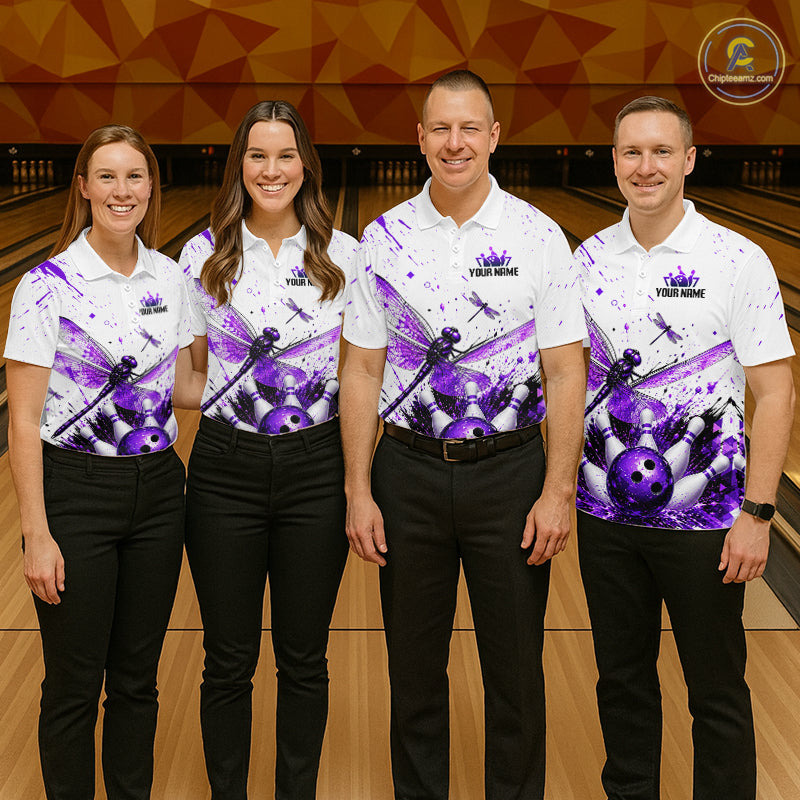 Custom Purple and White Dragonfly Bowling Shirt for Men Bowling Team Jersey Bowling Outfit QZT1209