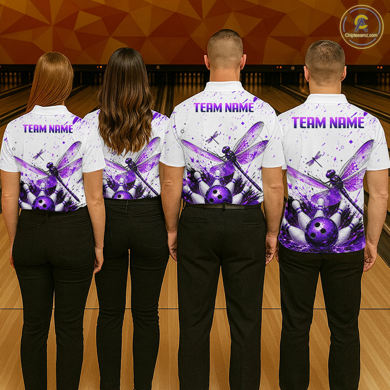 Custom Purple and White Dragonfly Bowling Shirt for Men Bowling Team Jersey Bowling Outfit QZT1209