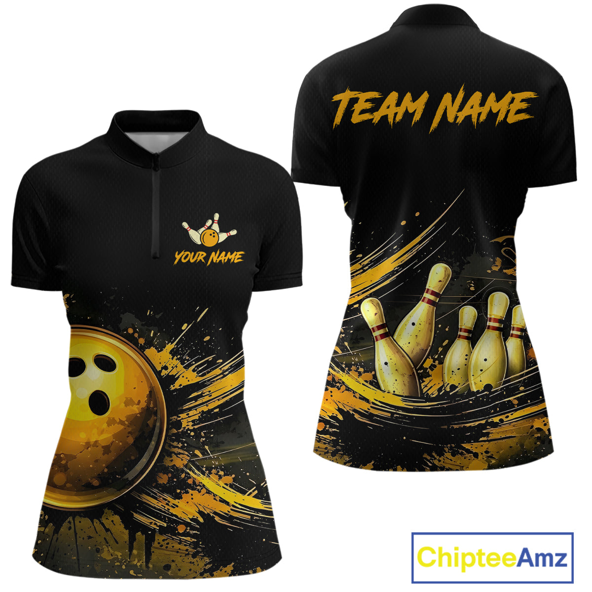 Custom Black & Gold Bowling Shirt for Women Bowling Team Jersey Bowling Outfit Polo & Quarter-Zip QZT988