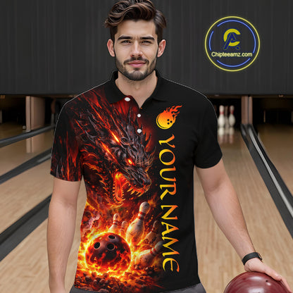 Man wearing a black polo shirt with fiery dragon design and bowling elements in a bowling alley.