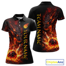 Load image into Gallery viewer, Black polo shirt with fiery dragon design and customizable text on a white background