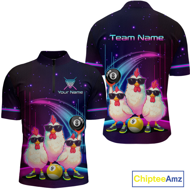 Front and back views of a short-sleeve quarter-zip jersey on a white background. The jersey features a dark purple and black starry space background with cartoon chickens wearing sunglasses, billiard balls, and neon pink and blue light streaks.
