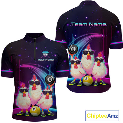 Front and back views of a short-sleeve quarter-zip jersey on a white background. The jersey features a dark purple and black starry space background with cartoon chickens wearing sunglasses, billiard balls, and neon pink and blue light streaks.