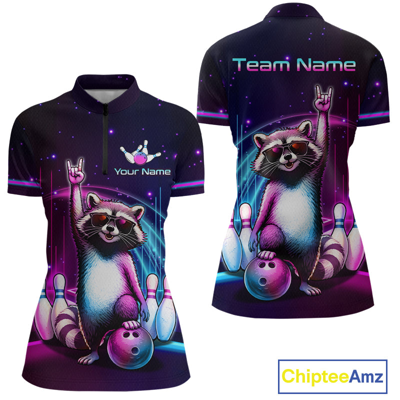 Front and back views of a women's short-sleeve zip-front shirt with a colorful raccoon bowling graphic, purple neon lighting, bowling pins, and customizable text areas on a white background. A ChipteeAmz logo appears in the bottom right corner.