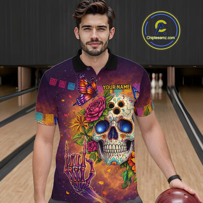 Custom Funny Sugar Skull Bowling Shirt for Men Bowling Team Jersey Polo & Quarter-Zip Bowling Outfit  QZT909