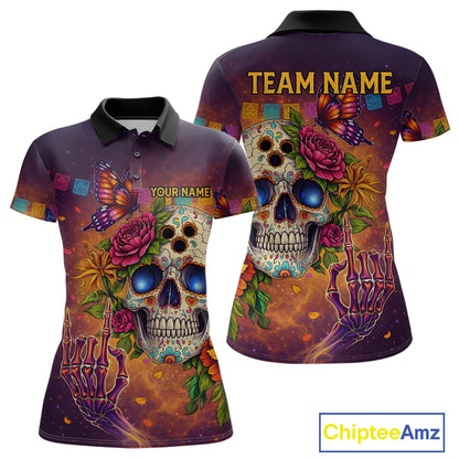 Custom Funny Sugar Skull Bowling Shirt for Women Bowling Team Jersey Polo & Quarter-Zip Bowling Outfit  QZT909
