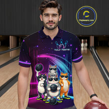 Load image into Gallery viewer, Man wearing a purple bowling shirt with cartoon cats and a lane in the background
