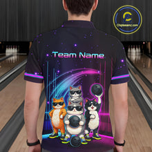 Load image into Gallery viewer, Person wearing a bowling shirt with cartoon cats and 'Team Name' text in a bowling alley.