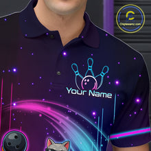Load image into Gallery viewer, Person wearing a dark purple bowling-themed shirt with colorful graphics and 'Your Name' text.