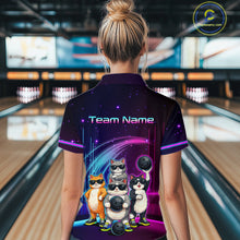 Load image into Gallery viewer, Person wearing a bowling shirt with cartoon cats and 'Team Name' text in a bowling alley.