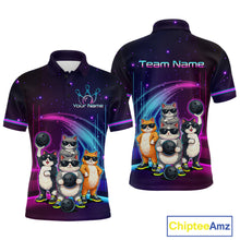 Load image into Gallery viewer, Polo shirt with cartoon cats bowling design on a dark background, featuring 'Team Name' and 'Your Name' text.