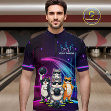 Load image into Gallery viewer, Man wearing a colorful bowling jersey with cartoon cats and customizable text in a bowling alley.