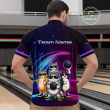 Load image into Gallery viewer, Person wearing a bowling shirt with cartoon cats and 'Team Name' text in a bowling alley.