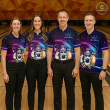 Load image into Gallery viewer, Four people wearing matching bowling shirts with a colorful design on a bowling alley.