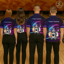 Load image into Gallery viewer, Four people wearing bowling shirts with team logos on a bowling alley.