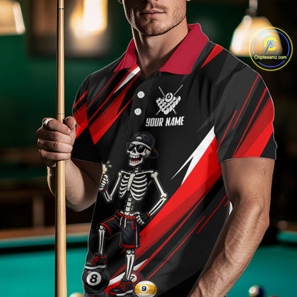 Person wearing a black and red  shirt with a skeleton design, holding a pool cue on a pool table.