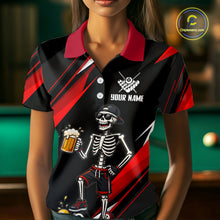 Load image into Gallery viewer, Person wearing a black and red polo shirt with a skeleton design and 'Your Name' text, pool table in the background.