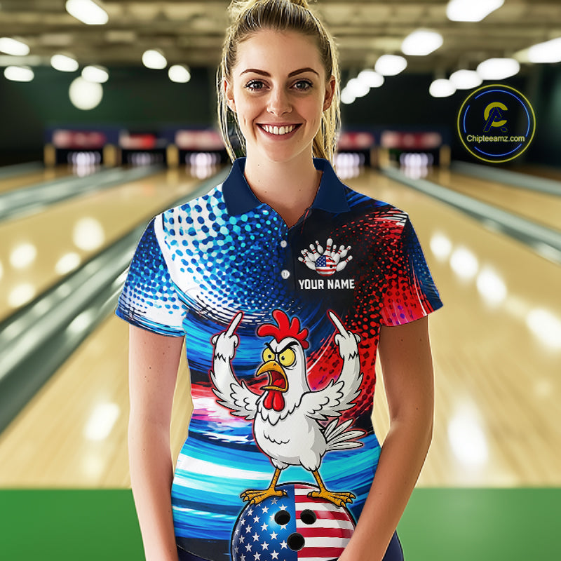 Custom American Flag Chicken Bowling Shirt for Women Patriotic Bowling Jersey Polo & Quarter-Zip QZT1031