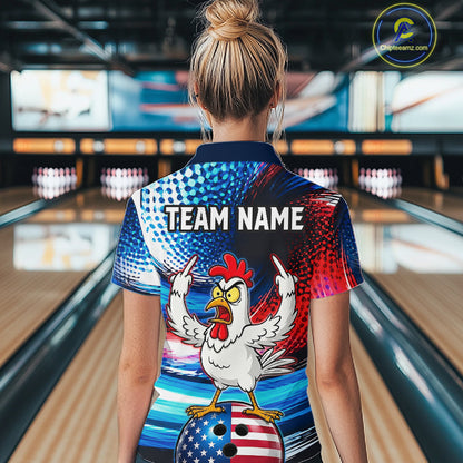 Custom American Flag Chicken Bowling Shirt for Women Patriotic Bowling Jersey Polo & Quarter-Zip QZT1031