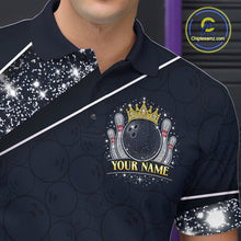 Load image into Gallery viewer, Custom Navy Bowling Shirts with Rhinestones for Men King Bowling Polo &amp; Quarter-Zip Bowling Outfit QZT922