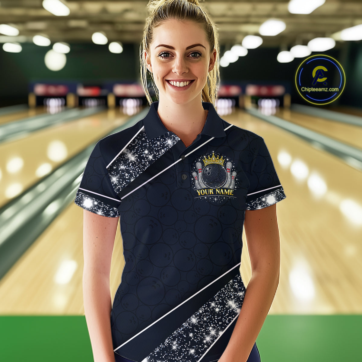 Custom Navy Bowling Shirts with Rhinestones for Women King Bowling Polo & Quarter-Zip Bowling Outfit QZT922