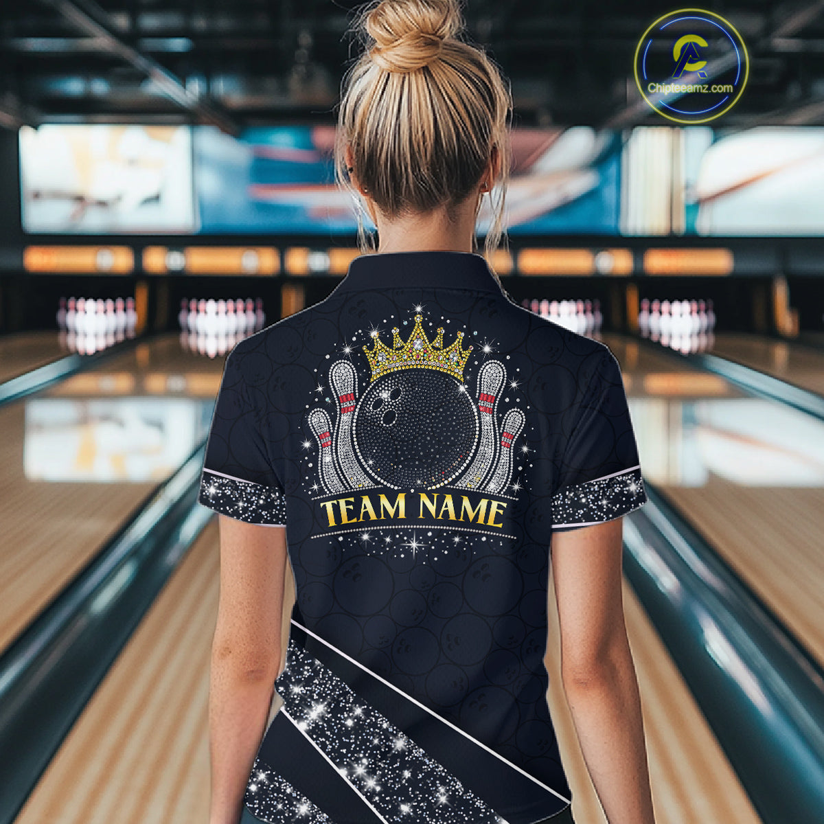 Custom Navy Bowling Shirts with Rhinestones for Women King Bowling Polo & Quarter-Zip Bowling Outfit QZT922