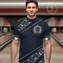 Load image into Gallery viewer, Custom Navy Bowling Shirts with Rhinestones for Men King Bowling Polo &amp; Quarter-Zip Bowling Outfit QZT922