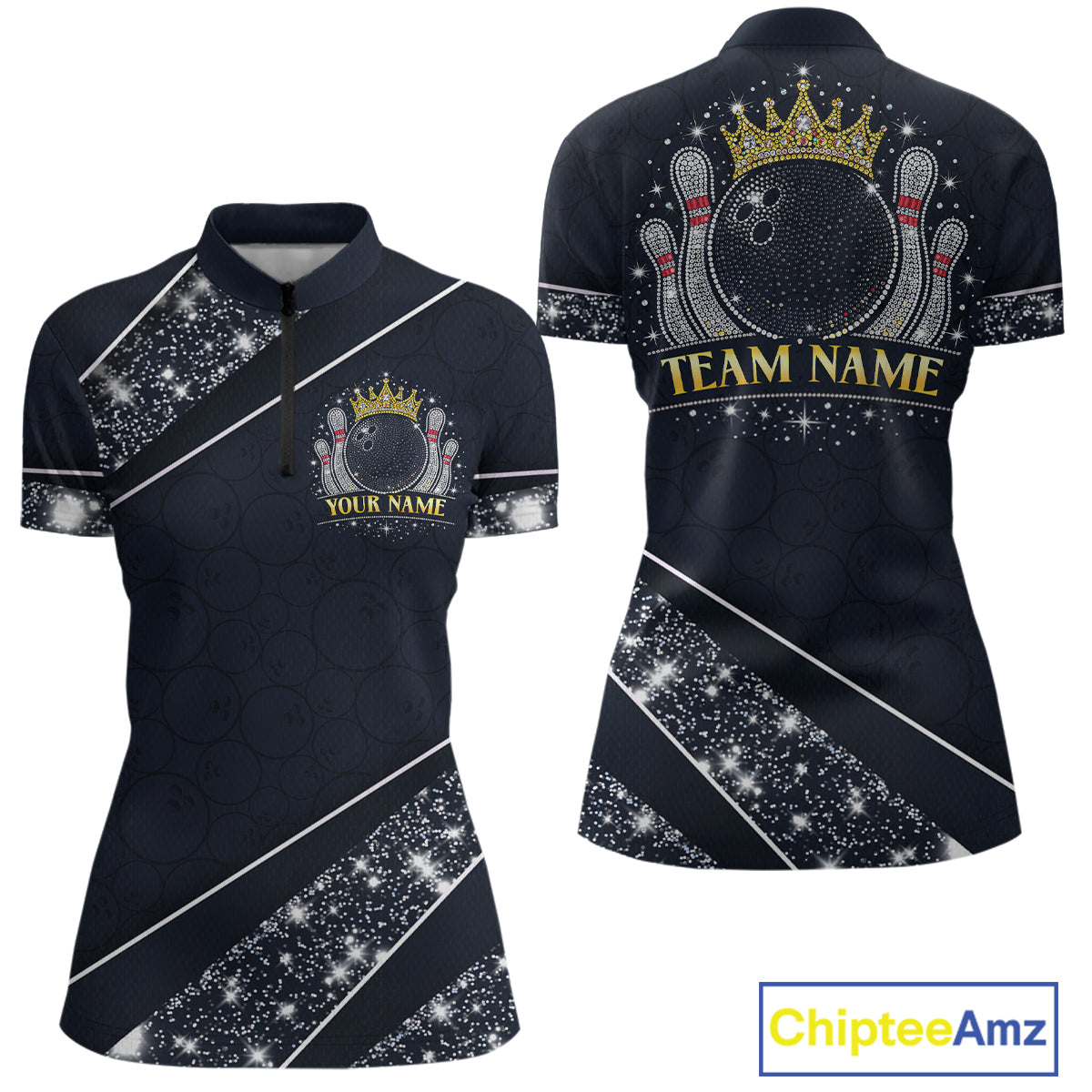 Custom Navy Bowling Shirts with Rhinestones for Women King Bowling Polo & Quarter-Zip Bowling Outfit QZT922