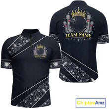 Load image into Gallery viewer, Custom Navy Bowling Shirts with Rhinestones for Men King Bowling Polo &amp; Quarter-Zip Bowling Outfit QZT922
