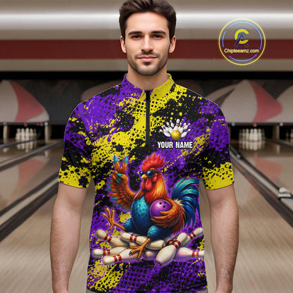 Purple & Yellow Chicken Bowling Shirt for Men Custom Bowling Jersey Rooster Polo & 1/4-Zip QZT1034