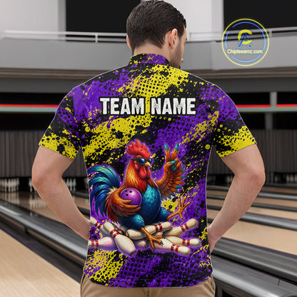 Purple & Yellow Chicken Bowling Shirt for Men Custom Bowling Jersey Rooster Polo & 1/4-Zip QZT1034
